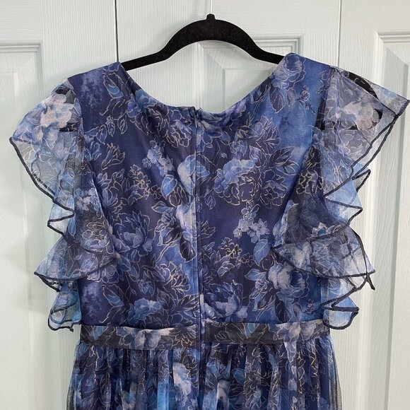 Mgiacy Floral Dark Blue Flutter Sleeve Maxi Dress Medium Lined Fairy Grunge - Picture 5 of 13